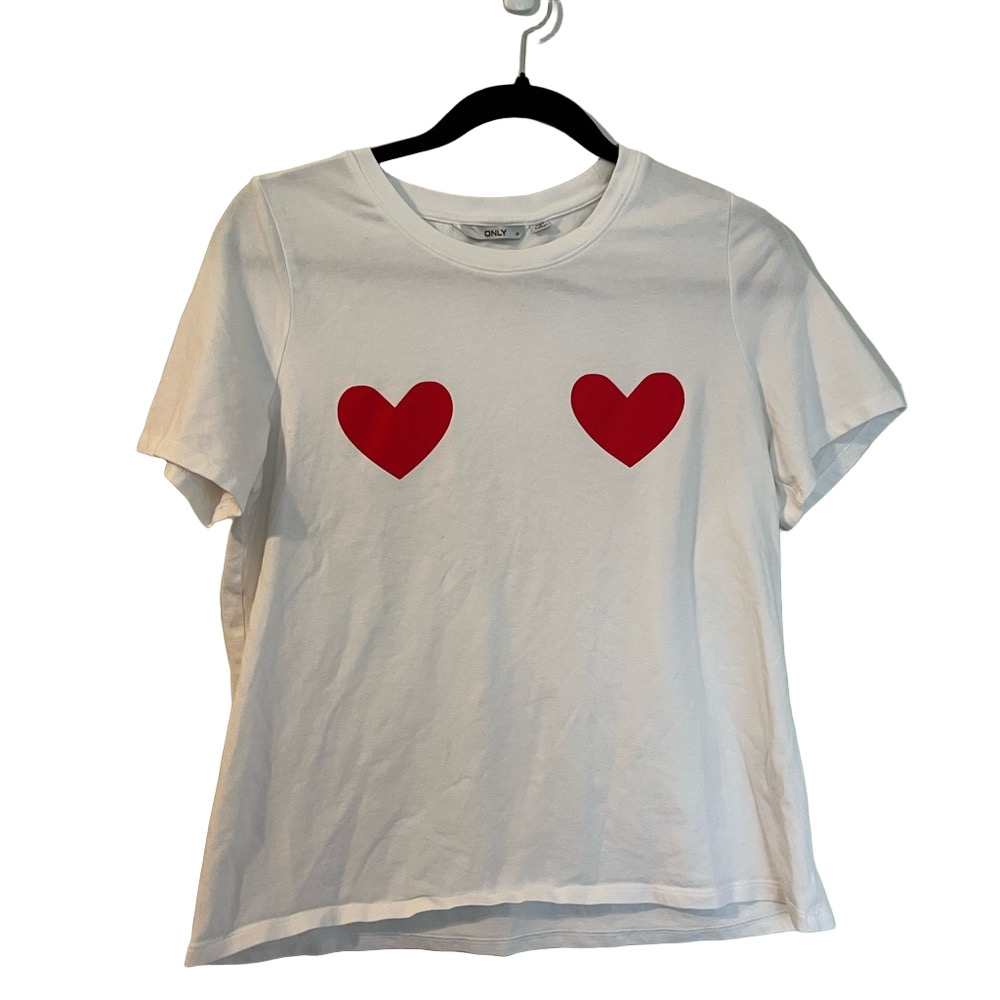 Only White T-Shirt with Red Heart Design Size: M